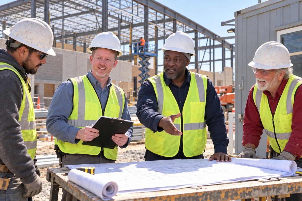 Creative composite of ICGM team members reviewing construction plans in the field