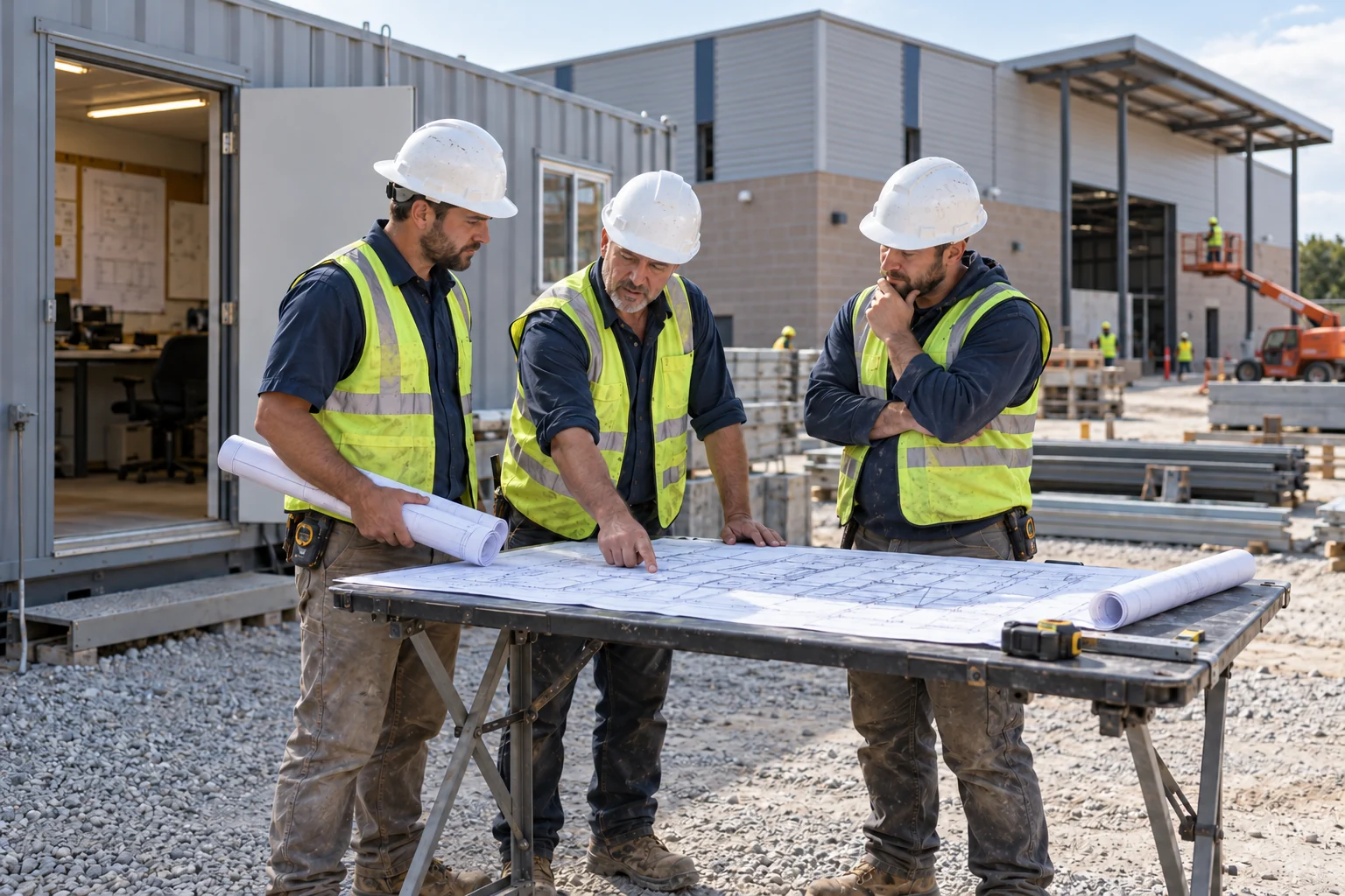 AI illustration of field leaders reviewing plans outside a jobsite conex at a mid-size construction project