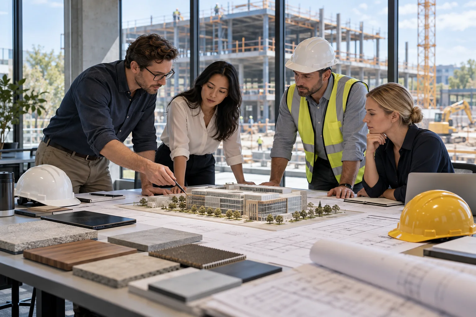 AI illustration of architects and construction professionals reviewing a building model and materials