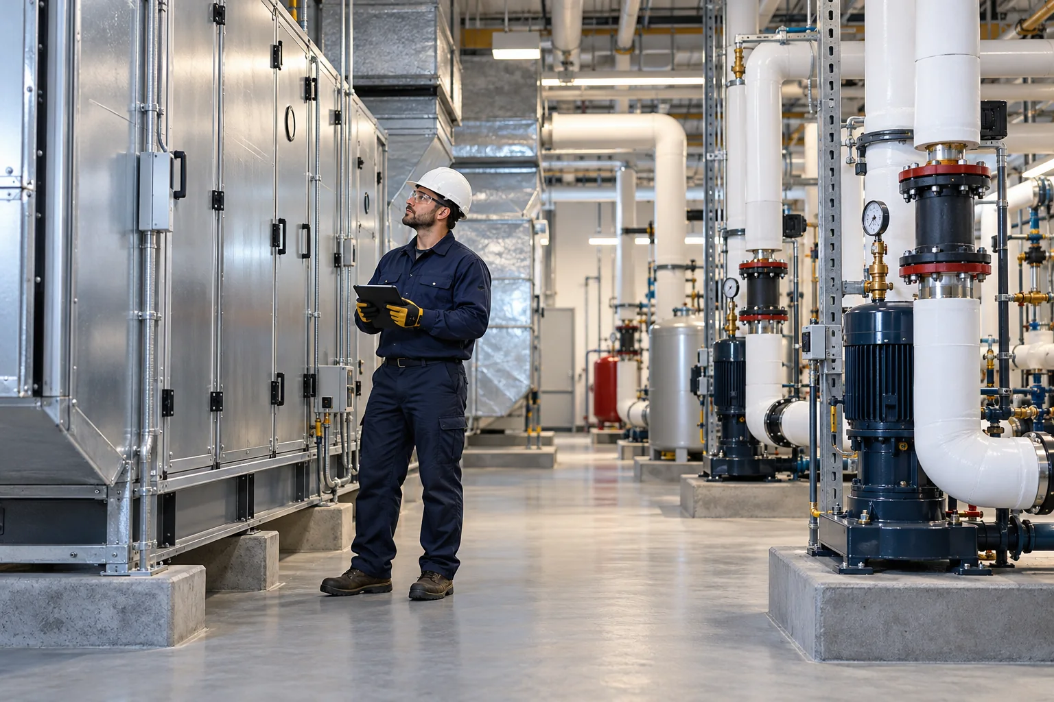 AI illustration of a facilities technician inspecting air-handling equipment and hydronic pumps