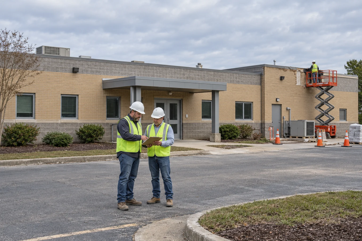 AI illustration of a modest single-story federal facility renovation with field coordination
