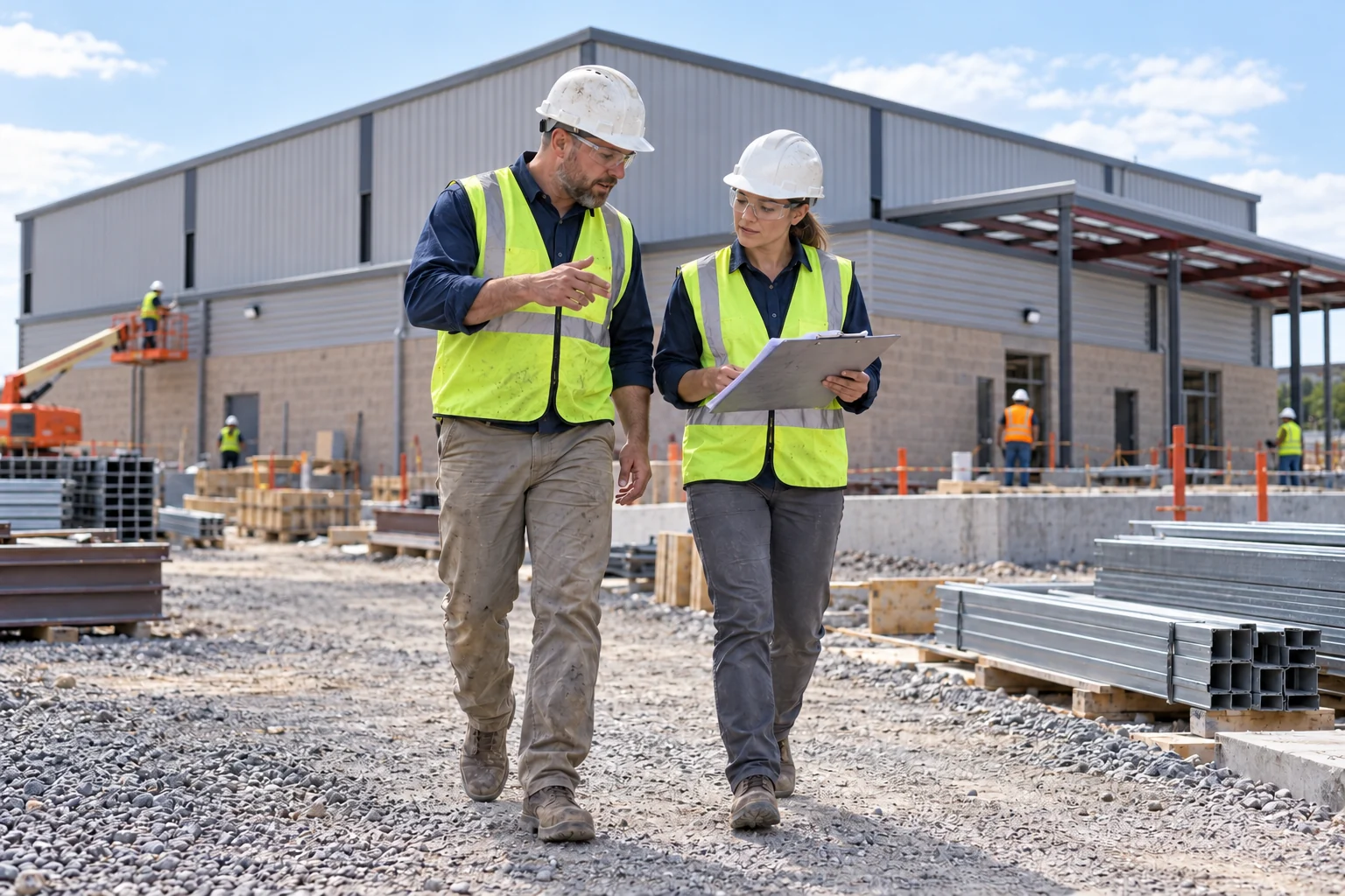 AI illustration of field leaders walking a mid-size school construction site