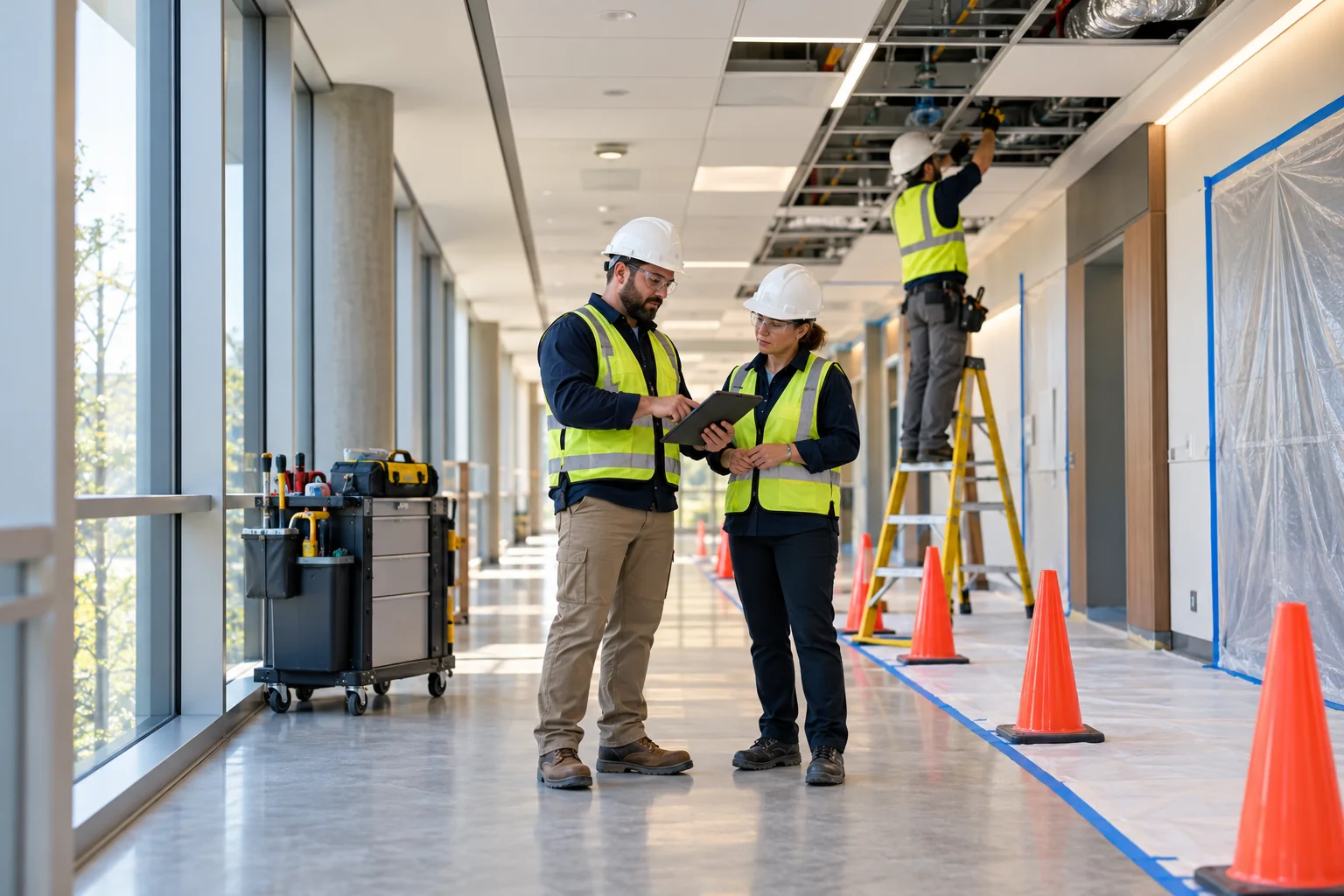 AI illustration of facilities staff inspecting a controlled commercial interior repair area