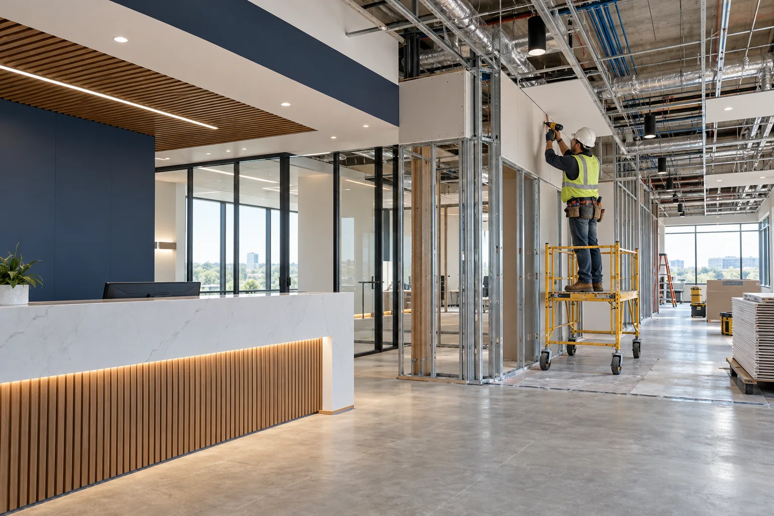 AI illustration of a commercial tenant fit-out with interior partitions, ceiling services and finish work